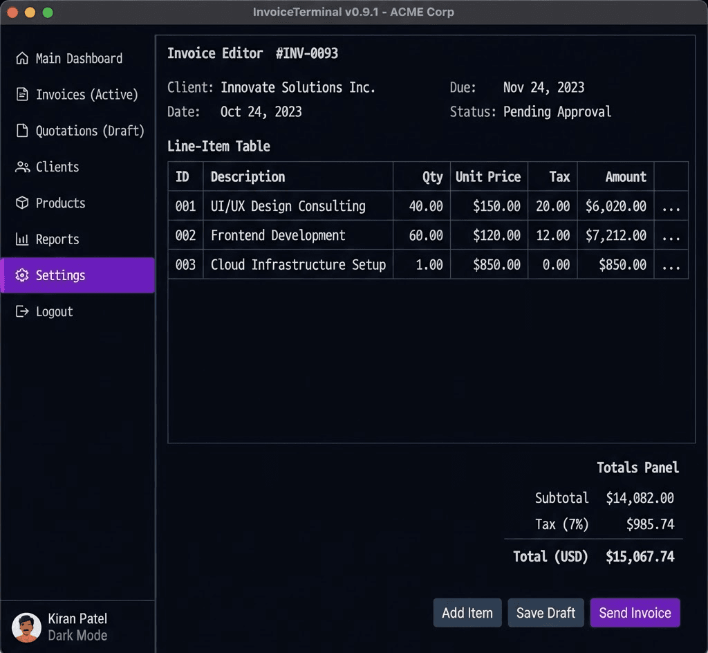 QuotationApp native desktop invoice terminal window with a line-item editor and totals panel