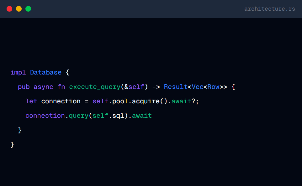 Code editor window displaying a Rust file named architecture.rs with an asynchronous database query implementation